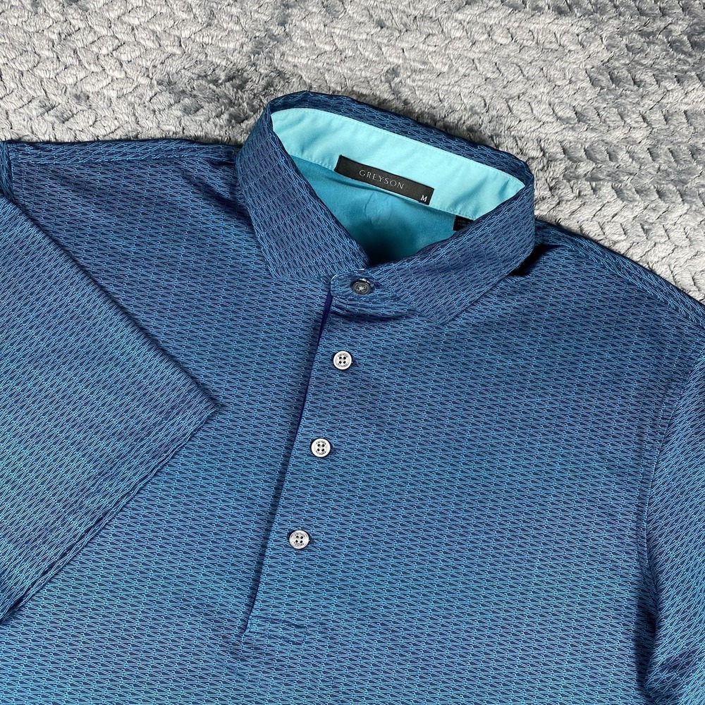 Grayson Polo Shirt Performance Golf Short Sleeve Blue Teal Geometric Men's M